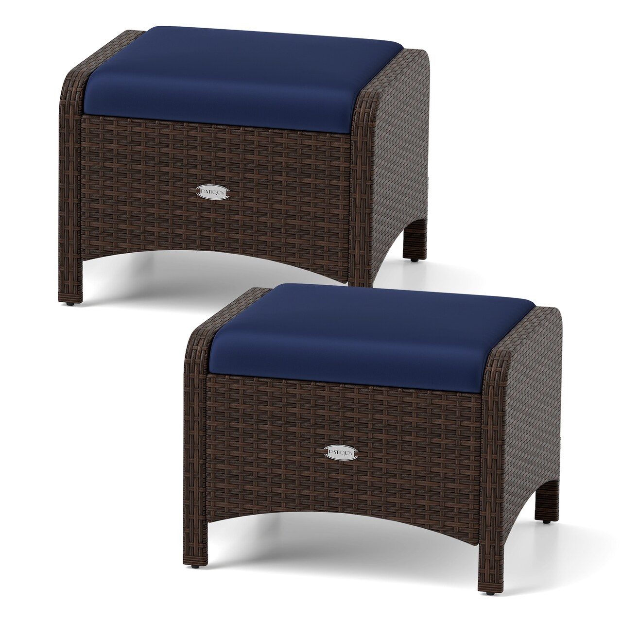 2 Pieces Patio Wicker Ottomans with Removable Cushions and Metal Frame